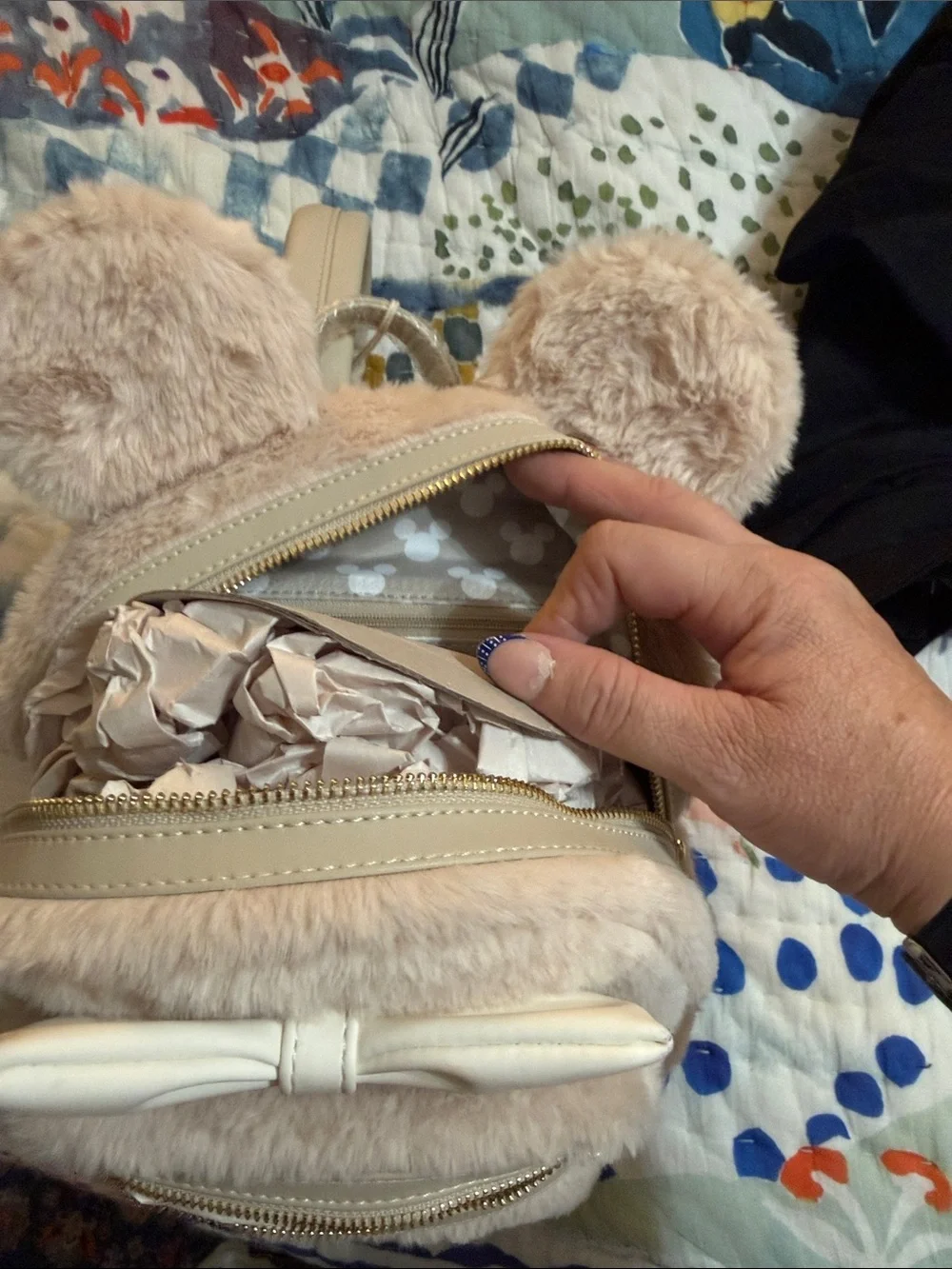 Loungefly Cream Faux Fur Kids Backpack with Cream Bow and Gold Accents